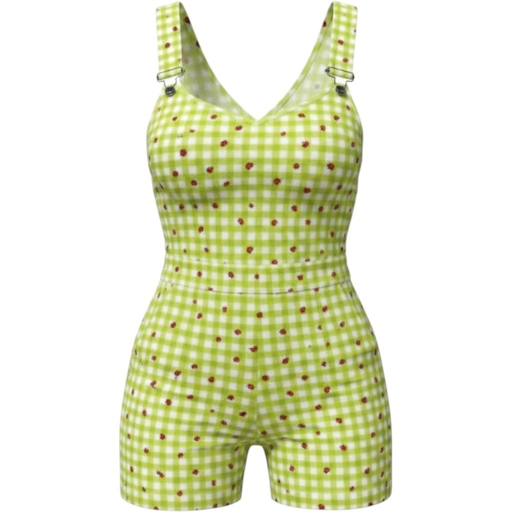 Duluth Trading Womens Green Gingham Ladybug Embroidered Shortall Overalls Sz XL